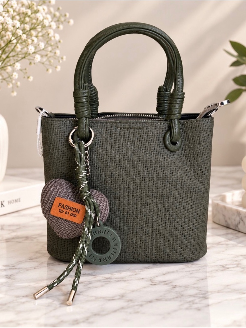 NWT Olive Green Woven Bucket Style Handbag with Charm